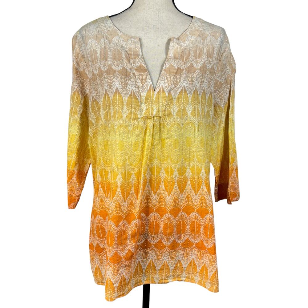 Chico’s SZ 3 (X-Large) Top Geometric V-Neck 3/4 Sleeve Lightweight Slits Ombre